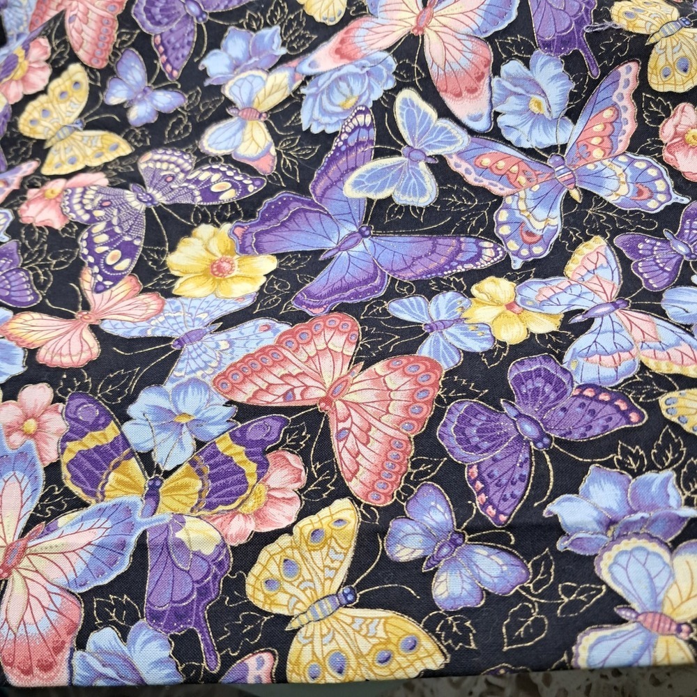 Beautiful Butterfly Fabric Black Purple Pink  Floral Print 34 inches x14 inches